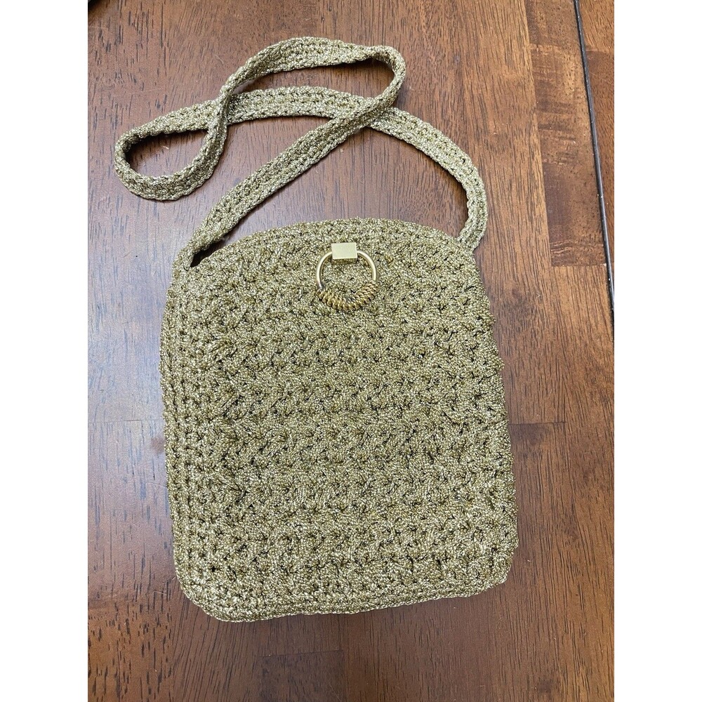 Vintage 1960s Magid Italy Crochet Satin Evening Clutch Gold Woven Handle Bag - Picture 4 of 13